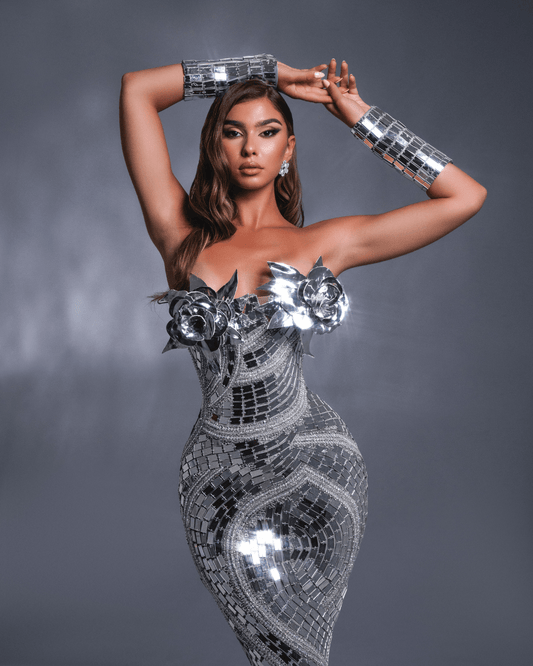 Dowera Metallic Gray Sleeveless Dress with Crystals and Flowers