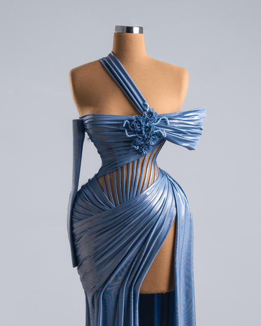 Elea Blue Metallic Long Dress with Flowers