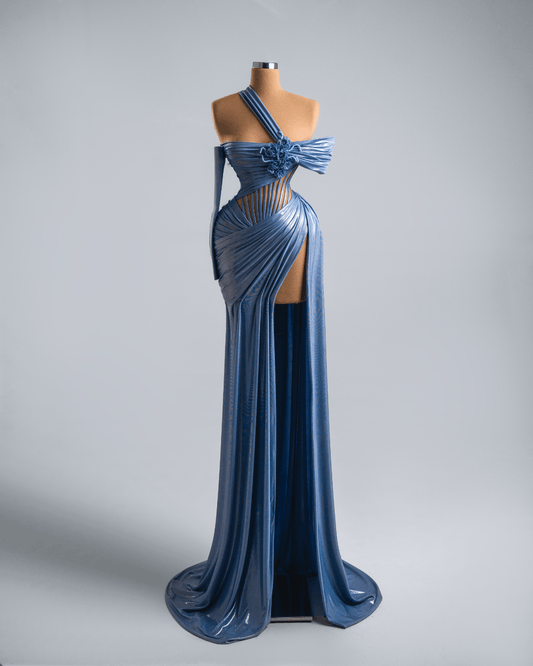 Elea Blue Metallic Long Dress with Flowers
