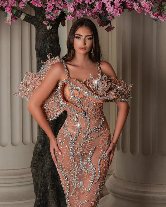 Eleni Peach Dress with Crystals