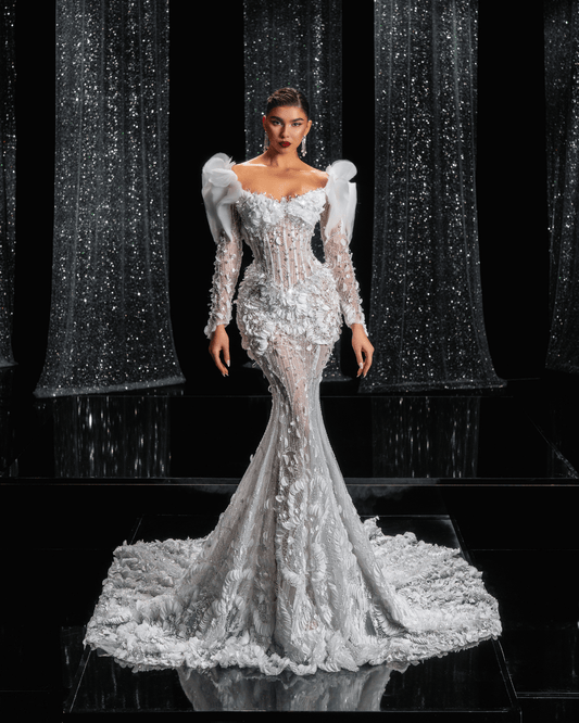 Elipse Bridal Dress with Pearls and Flowers