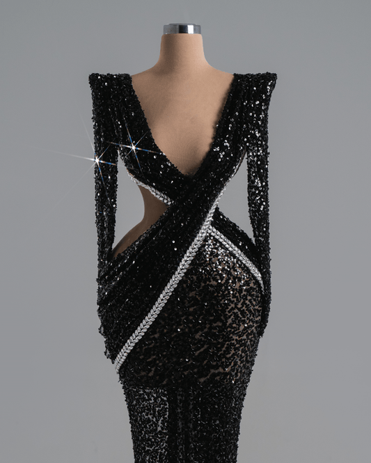 Elisande Black Dress With Sequined Fabric, Cut-Outs