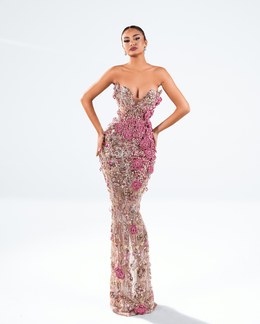 Elmara Pink Long Sleeveless Dress with Crystals and Feathers