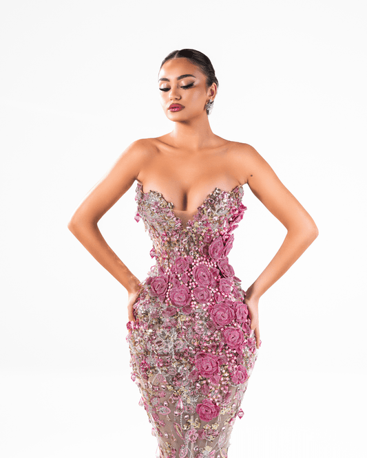 Elmara Pink Long Sleeveless Dress with Crystals and Feathers