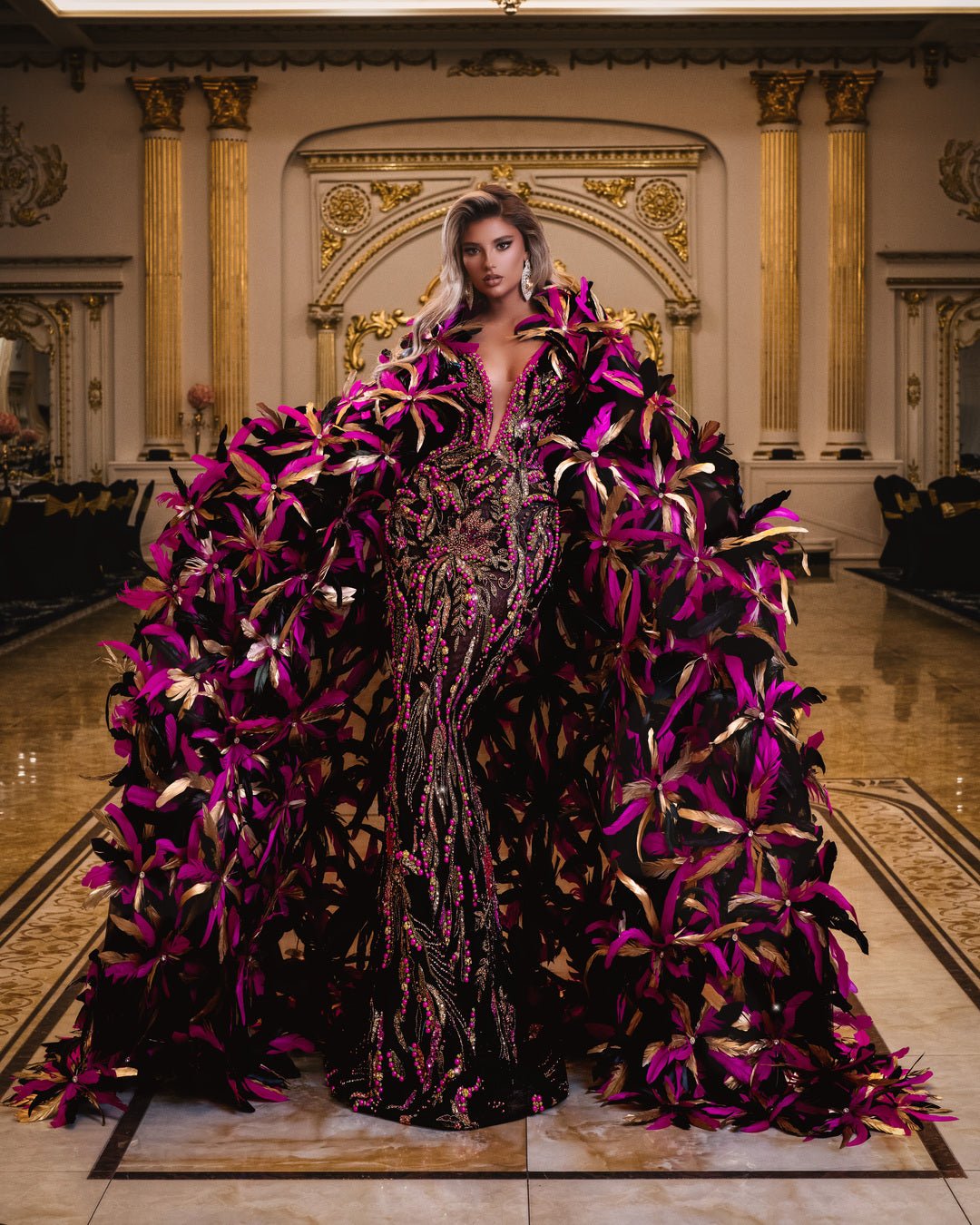 Luxurious black dress adorned with gold sequins and pink bead embellishments