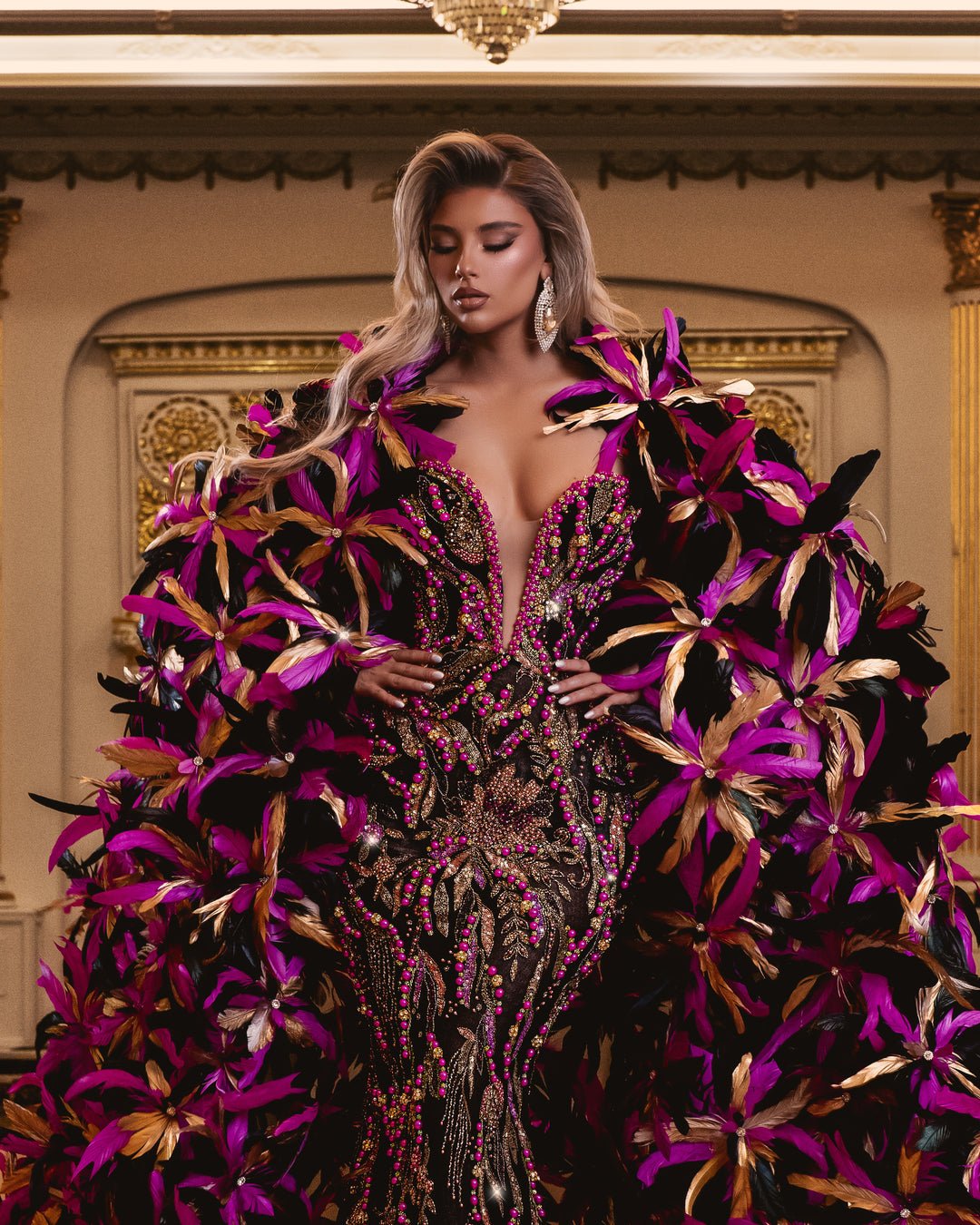 Sleeveless strapless black dress with deep V neckline