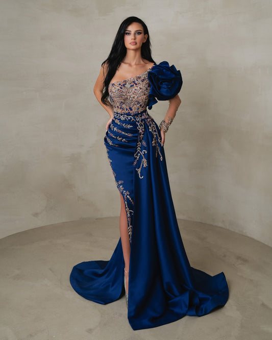 Elysira Navy Blue Satin Dress with Side Cape