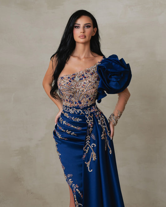 Elysira Navy Blue Satin Dress with Side Cape