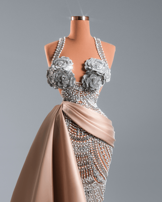 Emare Nude Long Dress with Flowers and Side Cape