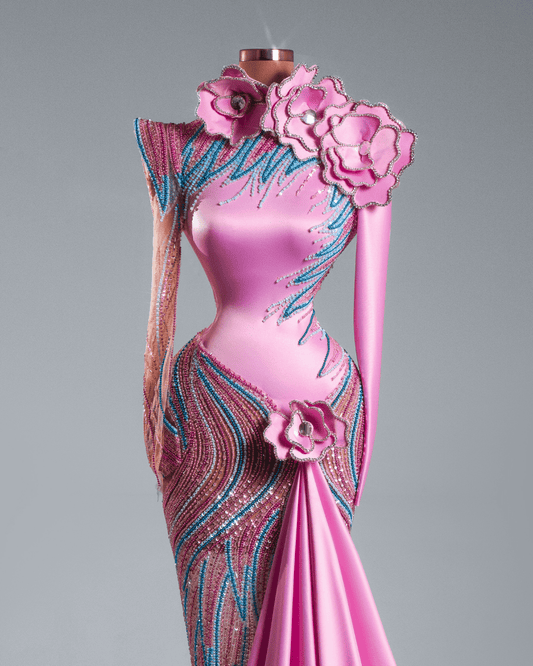 Emela Pink Long Dress with Side Cape and Flowers