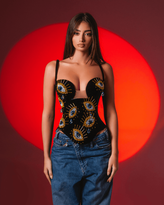 Endya Black Sleeveless Corset with Crystals