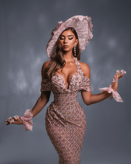 Enesya Pink Long Dress with Fedora Style Hat and Gloves