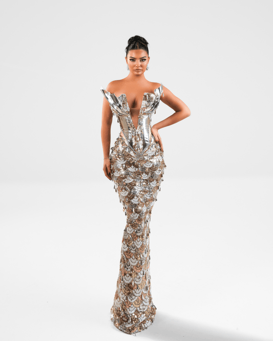 Enyese Gold Long Sleeveless Dress with Crystals and Metallic Leather