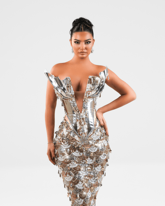 Enyese Gold Long Sleeveless Dress with Crystals and Metallic Leather