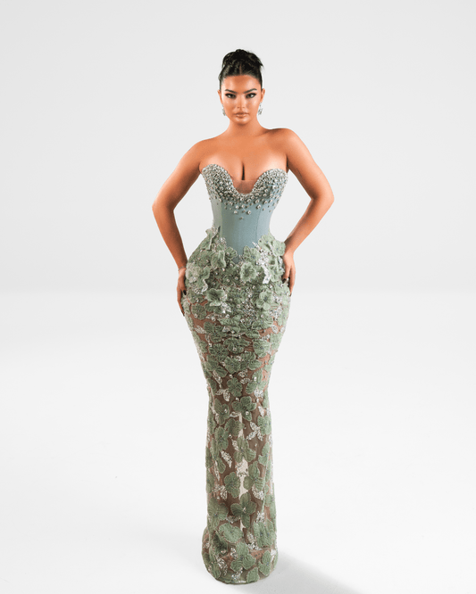 Ereya Green Long Sleeveless Dress with Crystals and Flowers