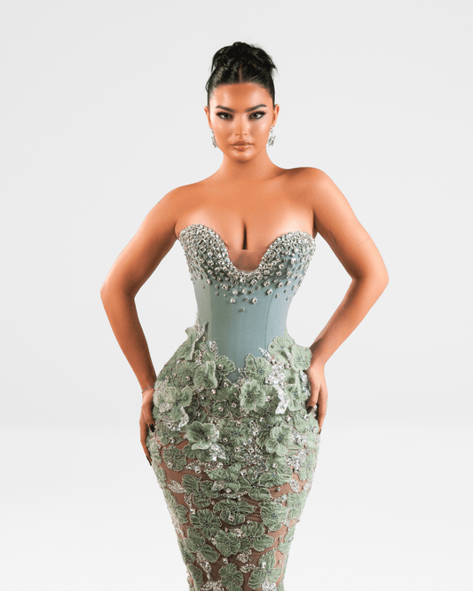 Ereya Green Long Sleeveless Dress with Crystals and Flowers