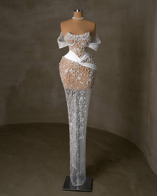 Off-the-Shoulder Bridal Gown Adorned with Pearls