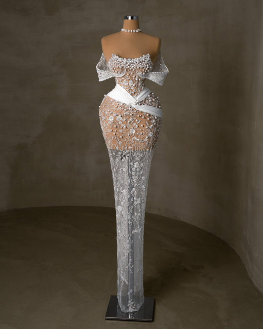 Off-the-Shoulder Bridal Gown Adorned with Pearls
