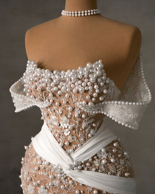 Close-up of Intricate Lace Detailing on Bridal Dress
