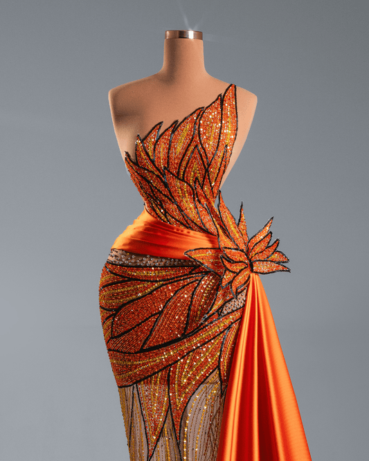 Esmera Orange Sleeveless Long Dress with Side Cape