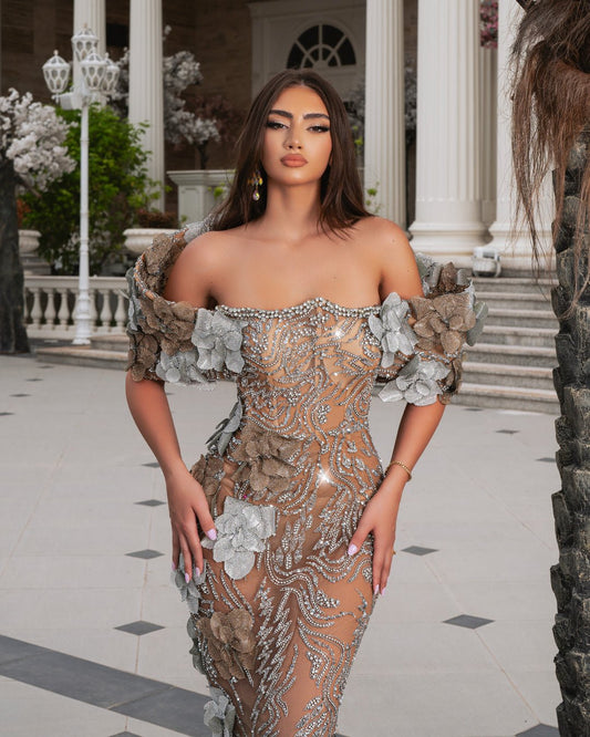 Eva Nude Dress with 3D Floral Appliqués Design