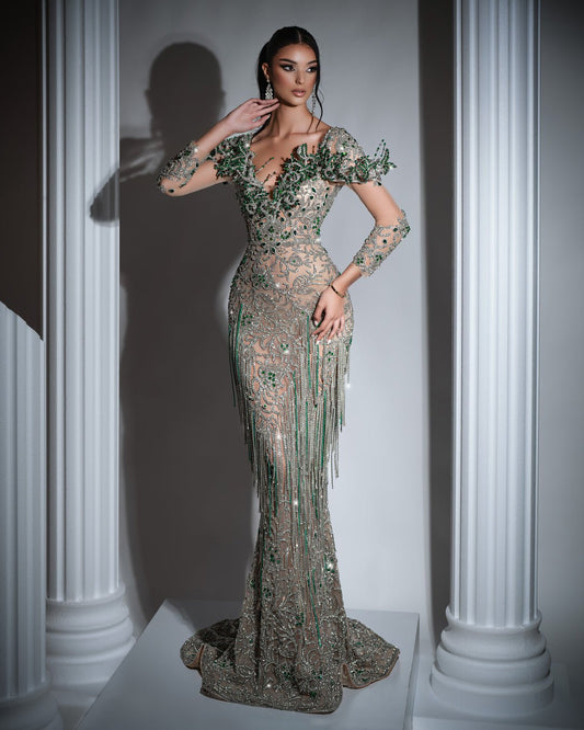 Glamorous V-neck silver dress embellished with green and silver tassels