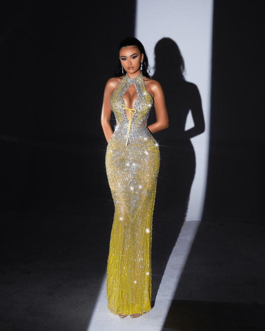 Florele Sleeveless Yellow Dress with Cut-Outs and Crystals