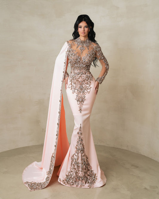 Flores Light Pink Long Gown With Cape