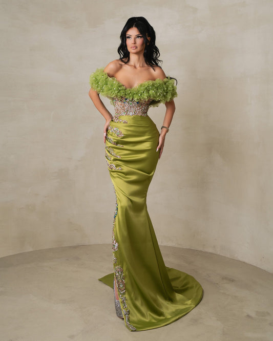 Gaia Green Long Gown With Crystals