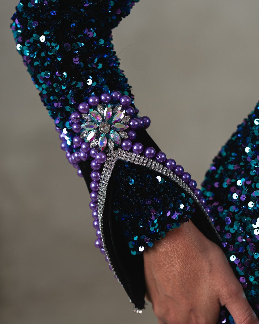 Detailed View of Sequin Fabric on Galaxy Dress in Blue and Purple