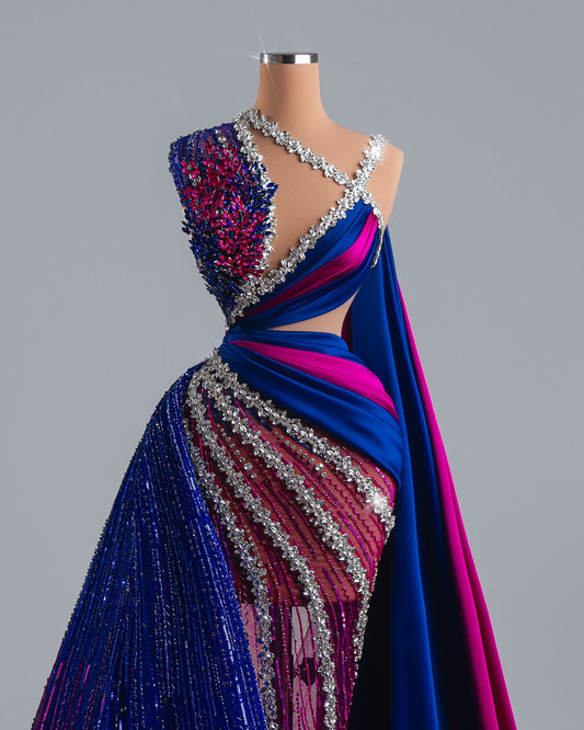 Ganea Pink and Blue Dress with Side Capes