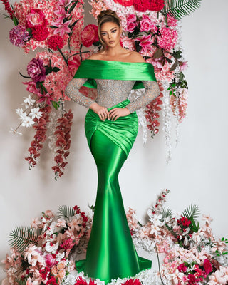 Green Satin Dress with Off-Shoulder Design