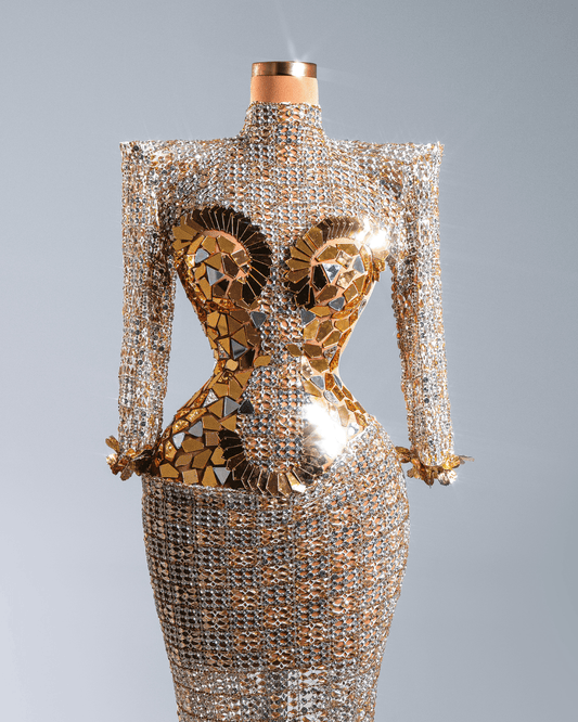 Glorya Gold Long Dress with Crystals and Long Sleeves