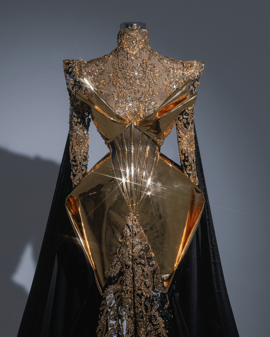 Golny Metallic Gold and Black Long Dress with Side Cape