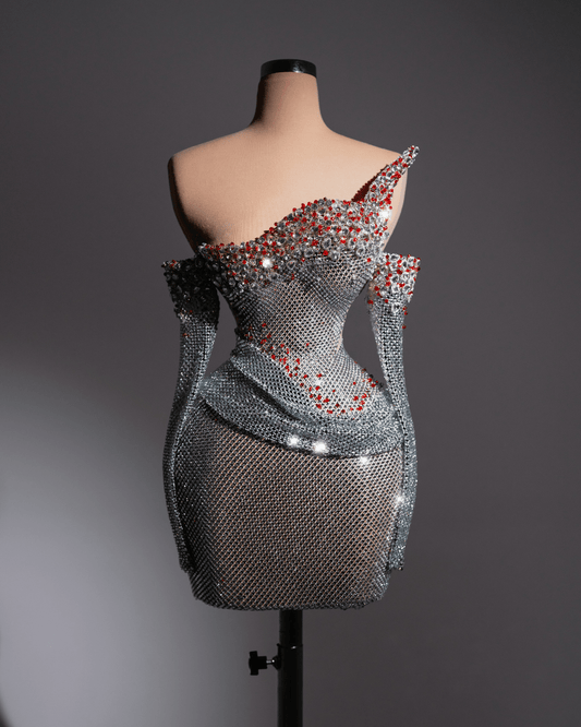 Gyeta Silver Short Dress with Crystals and Long Sleeves