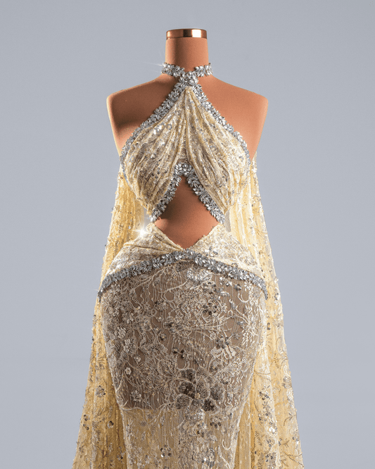 Harere Yellow Dress with Side Cape and Crystals