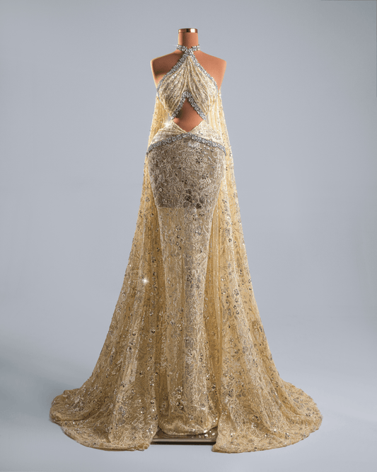 Harere Yellow Dress with Side Cape and Crystals