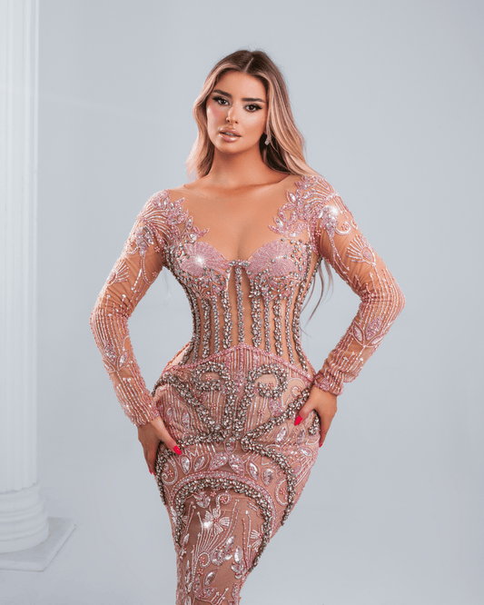 Henese Pink Dress with Crystals and Long Sleeves