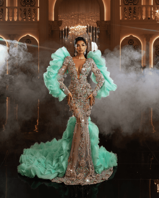 Herosa Aqua Dress with Crystals and 3D Designs