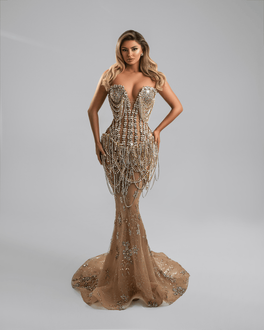 Holere Gold Long Dress, with Crystals