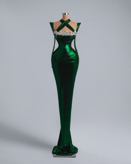 Honele Emerald Green Long Dress with Crystas