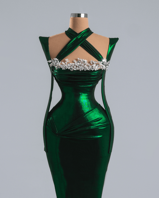 Honele Emerald Green Long Dress with Crystas