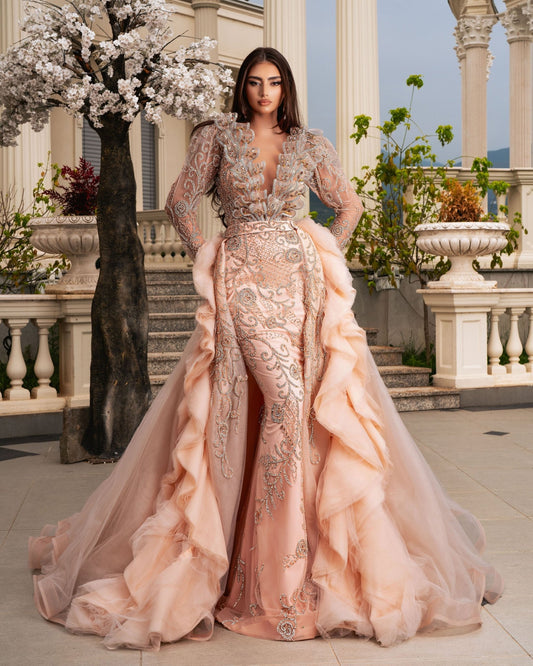 Ianthe Peachy Dress with Overskirt and Sparkles