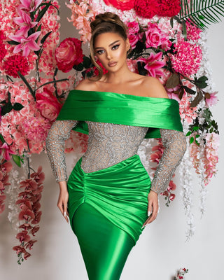Elegant Long Green Satin Dress with Lace Bodice and Silver Stone Embellishments