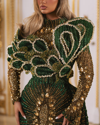 Close-Up of 3D Bodice Design and Crystal Embellishments on Emerald Green Dress