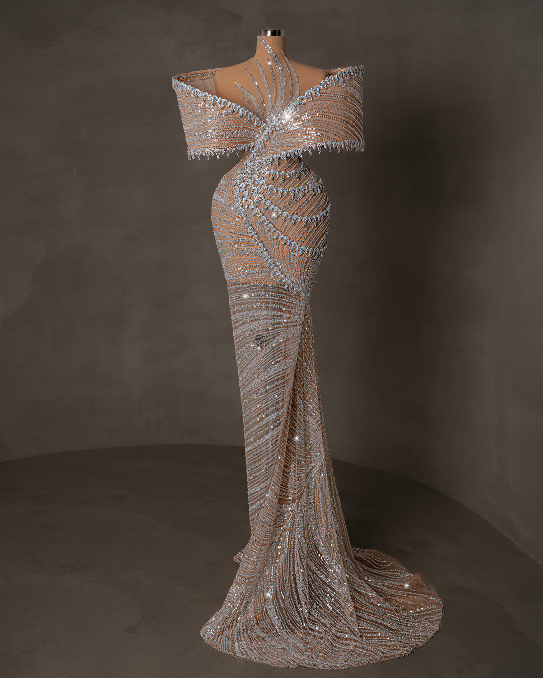 Luxury Off Shoulder Dress showcasing intricate crystal and sequin design