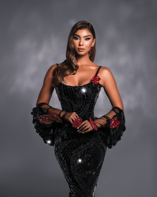 Ilesia Black Mermaid Sleeveless Dress with Crystals and Cape