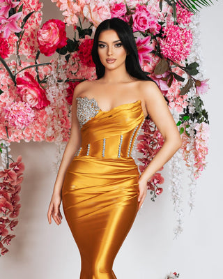 Luxurious Strapless Satin Gown with Stones