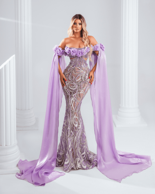 Ilnisye Purple Dress with Crystals and Cape