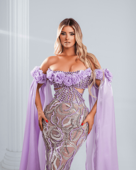 Ilnisye Purple Dress with Crystals and Cape